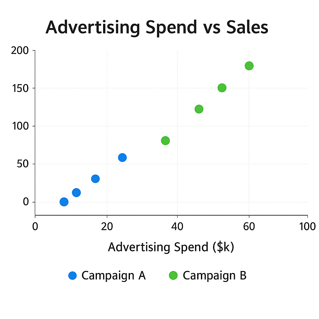 Scatter graph showing relationship between advertising budget and sales revenue